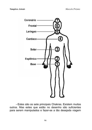 Vampiros Astrais Marcelo Prizmic
−Estes são os sete principais Chakras. Existem muitos
outros. Mas estes que estão no desenho são suficientes
para serem manipulados e fazer-se a tão desejada viagem
96
 