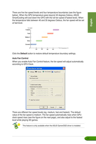 English
47
There are five fan speed levels and four temperature boundaries (see the figure
below). When the GPU temperature goes beyond 40 degrees Celsius, ASUS
SmartCooling will cool down the GPU with the full fan speed (Fastest level). When
the temperature falls between 40 and 35 degrees Celsius, the fan speed will be set
at fast level.
Click the Default button to restore default temperature boundary settings.
Auto Fan Control
When you enable Auto Fan Control feature, the fan speed will adjust automatically
according to GPU Clock.
There are different fan speed levels (eg. medium, fast and fastest). The default
value of the fan speed is medium. The fan speed automatically rises when GPU
clock speed rises (see the figure on the next page), and also adjust to the fastest
level while playing 3D games.
This feature is only available when the ASUS GamerOSD driver is installed.
 