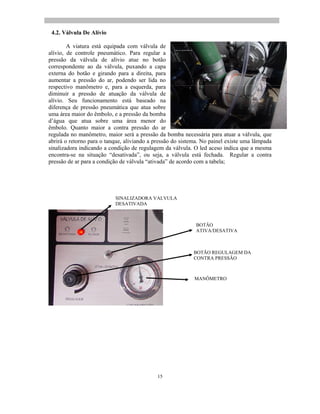 15
4.2. Válvula De Alívio
A viatura está equipada com válvula de
alívio, de controle pneumático. Para regular a
pressão da válvula de alívio atue no botão
correspondente ao da válvula, puxando a capa
externa do botão e girando para a direita, para
aumentar a pressão do ar, podendo ser lida no
respectivo manômetro e, para a esquerda, para
diminuir a pressão de atuação da válvula de
alívio. Seu funcionamento está baseado na
diferença de pressão pneumática que atua sobre
uma área maior do êmbolo, e a pressão da bomba
d água que atua sobre uma área menor do
êmbolo. Quanto maior a contra pressão do ar
regulada no manômetro, maior será a pressão da bomba necessária para atuar a válvula, que
abrirá o retorno para o tanque, aliviando a pressão do sistema. No painel existe uma lâmpada
sinalizadora indicando a condição de regulagem da válvula. O led aceso indica que a mesma
encontra-se na situação desativada , ou seja, a válvula está fechada. Regular a contra
pressão de ar para a condição de válvula ativada de acordo com a tabela;
BOTÃO
ATIVA/DESATIVA
BOTÃO REGULAGEM DA
CONTRA PRESSÃO
SINALIZADORA VALVULA
DESATIVADA
MANÔMETRO
 
