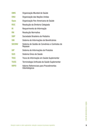 9
OMS Organização Mundial de Saúde
ONU Organização das Nações Unidas
Opas Organização Pan-Americana de Saúde
RDC Resolução da Diretoria Colegiada
RI Requerimento de Informação
RN Resolução Normativa
SBP Sociedade Brasileira de Pediatria
SIB Sistema de Informações de Beneficiários
SICONV Sistema de Gestão de Convênios e Contratos de
Repasse
SIP Sistema de Informações de Produtos
SUS Sistema Único de Saúde
TISS Troca de Informação em Saúde Suplementar
TUSS Terminologia Unificada da Saúde Suplementar
VRPO Valores Referenciais para Procedimentos
Odontológicos
Atenção à saúde no setor suplementar: evolução e avanços do processo regulatório
Listadeabreviaturasesiglas
 
