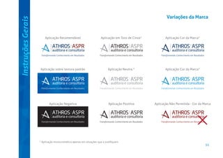 Instruções Gerais

Variações da Marca

Aplicação Recomendável

Aplicação em Tons de Cinza*

Aplicação Cor da Marca*

Aplicação sobre textura padrão

Aplicação Neutra *

Aplicação Cor da Marca*

Aplicação Negativa

Aplicação Positiva

Aplicação Não Permitida - Cor da Marca

* Aplicação monocromática apenas em situações que a justiﬁquem

11

 