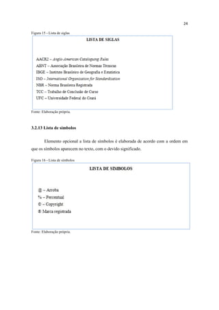 24
Figura 15 - Lista de siglas
Fonte: Elaboração própria.
3.2.13 Lista de símbolos
Elemento opcional a lista de símbolos é elaborada de acordo com a ordem em
que os símbolos aparecem no texto, com o devido significado.
Figura 16 - Lista de símbolos
Fonte: Elaboração própria.
 