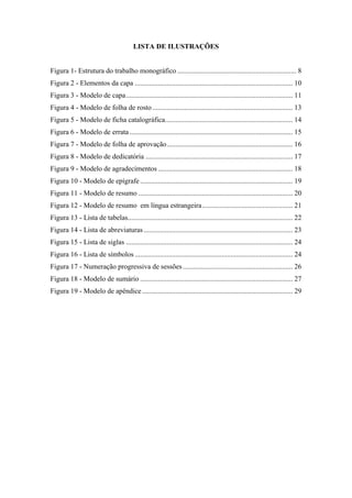 LISTA DE ILUSTRAÇÕES
Figura 1- Estrutura do trabalho monográfico ................................................................... 8
Figura 2 - Elementos da capa ......................................................................................... 10
Figura 3 - Modelo de capa.............................................................................................. 11
Figura 4 - Modelo de folha de rosto ............................................................................... 13
Figura 5 - Modelo de ficha catalográfica........................................................................ 14
Figura 6 - Modelo de errata............................................................................................ 15
Figura 7 - Modelo de folha de aprovação....................................................................... 16
Figura 8 - Modelo de dedicatória ................................................................................... 17
Figura 9 - Modelo de agradecimentos ............................................................................ 18
Figura 10 - Modelo de epígrafe...................................................................................... 19
Figura 11 - Modelo de resumo ....................................................................................... 20
Figura 12 - Modelo de resumo em língua estrangeira................................................... 21
Figura 13 - Lista de tabelas............................................................................................. 22
Figura 14 - Lista de abreviaturas.................................................................................... 23
Figura 15 - Lista de siglas .............................................................................................. 24
Figura 16 - Lista de símbolos ......................................................................................... 24
Figura 17 - Numeração progressiva de sessões.............................................................. 26
Figura 18 - Modelo de sumário ...................................................................................... 27
Figura 19 - Modelo de apêndice..................................................................................... 29
 