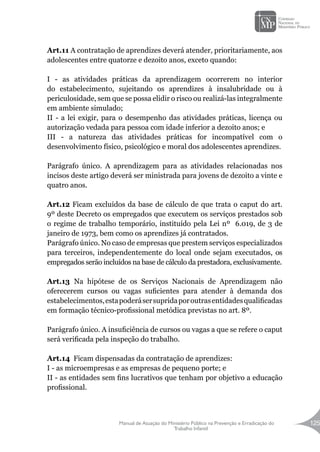 Manual de Atuação do Ministério Público na Prevenção e Erradicação do
Trabalho Infantil
125
Art.11 A contratação de aprendizes deverá atender, prioritariamente, aos
adolescentes entre quatorze e dezoito anos, exceto quando:
I - as atividades práticas da aprendizagem ocorrerem no interior
do estabelecimento, sujeitando os aprendizes à insalubridade ou à
periculosidade, sem que se possa elidir o risco ou realizá-las integralmente
em ambiente simulado;
II - a lei exigir, para o desempenho das atividades práticas, licença ou
autorização vedada para pessoa com idade inferior a dezoito anos; e
III - a natureza das atividades práticas for incompatível com o
desenvolvimento físico, psicológico e moral dos adolescentes aprendizes.
Parágrafo único. A aprendizagem para as atividades relacionadas nos
incisos deste artigo deverá ser ministrada para jovens de dezoito a vinte e
quatro anos.
Art.12 Ficam excluídos da base de cálculo de que trata o caput do art.
9º deste Decreto os empregados que executem os serviços prestados sob
o regime de trabalho temporário, instituído pela Lei nº 6.019, de 3 de
janeiro de 1973, bem como os aprendizes já contratados.
Parágrafo único. No caso de empresas que prestem serviços especializados
para terceiros, independentemente do local onde sejam executados, os
empregados serão incluídos na base de cálculo da prestadora, exclusivamente.
Art.13 Na hipótese de os Serviços Nacionais de Aprendizagem não
oferecerem cursos ou vagas suficientes para atender à demanda dos
estabelecimentos,estapoderásersupridaporoutrasentidadesqualificadas
em formação técnico-profissional metódica previstas no art. 8º.
Parágrafo único. A insuficiência de cursos ou vagas a que se refere o caput
será verificada pela inspeção do trabalho.
Art.14 Ficam dispensadas da contratação de aprendizes:
I - as microempresas e as empresas de pequeno porte; e
II - as entidades sem fins lucrativos que tenham por objetivo a educação
profissional.
 