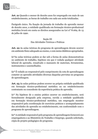 Manual de Atuação do Ministério Público na Prevenção e Erradicação do
Trabalho Infantil
128
128
Art. 21 Quando o menor de dezoito anos for empregado em mais de um
estabelecimento, as horas de trabalho em cada um serão totalizadas.
Parágrafo único. Na fixação da jornada de trabalho do aprendiz menor
de dezoito anos, a entidade qualificada em formação técnico-profissional
metódica levará em conta os direitos assegurados na Lei nº 8.069, de 13
de julho de 1990.
Seção III
Das Atividades Teóricas e Práticas
Art. 22 As aulas teóricas do programa de aprendizagem devem ocorrer
em ambiente físico adequado ao ensino, e com meios didáticos apropriados.
§1ºAs aulas teóricas podem se dar sob a forma de aulas demonstrativas
no ambiente de trabalho, hipótese em que é vedada qualquer atividade
laboral do aprendiz, ressalvado o manuseio de materiais, ferramentas,
instrumentos e assemelhados.
§2º É vedado ao responsável pelo cumprimento da cota de aprendizagem
cometer ao aprendiz atividades diversas daquelas previstas no programa
de aprendizagem.
Art. 23 As aulas práticas podem ocorrer na própria entidade qualificada
em formação técnico-profissional metódica ou no estabelecimento
contratante ou concedente da experiência prática do aprendiz.
§1º Na hipótese de o ensino prático ocorrer no estabelecimento, será
formalmente designado pela empresa, ouvida a entidade qualificada
em formação técnico-profissional metódica, um empregado monitor
responsável pela coordenação de exercícios práticos e acompanhamento
das atividades do aprendiz no estabelecimento, em conformidade com o
programa de aprendizagem.
§2º A entidade responsável pelo programa de aprendizagem fornecerá aos
empregadores e ao Ministério do Trabalho e Emprego, quando solicitado,
cópia do projeto pedagógico do programa.
 