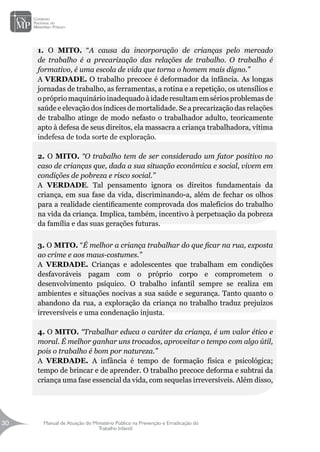 Manual de Atuação do Ministério Público na Prevenção e Erradicação do
Trabalho Infantil
30
30
1. O MITO. “A causa da incorporação de crianças pelo mercado
de trabalho é a precarização das relações de trabalho. O trabalho é
formativo, é uma escola de vida que torna o homem mais digno.”
A VERDADE. O trabalho precoce é deformador da infância. As longas
jornadas de trabalho, as ferramentas, a rotina e a repetição, os utensílios e
oprópriomaquinárioinadequadoàidaderesultamemsériosproblemasde
saúde e elevação dos índices de mortalidade. Se a precarização das relações
de trabalho atinge de modo nefasto o trabalhador adulto, teoricamente
apto à defesa de seus direitos, ela massacra a criança trabalhadora, vítima
indefesa de toda sorte de exploração.
2. O MITO. “O trabalho tem de ser considerado um fator positivo no
caso de crianças que, dada a sua situação econômica e social, vivem em
condições de pobreza e risco social.”
A VERDADE. Tal pensamento ignora os direitos fundamentais da
criança, em sua fase da vida, discriminando-a, além de fechar os olhos
para a realidade cientificamente comprovada dos malefícios do trabalho
na vida da criança. Implica, também, incentivo à perpetuação da pobreza
da família e das suas gerações futuras.
3. O MITO. “É melhor a criança trabalhar do que ficar na rua, exposta
ao crime e aos maus-costumes.”
A VERDADE. Crianças e adolescentes que trabalham em condições
desfavoráveis pagam com o próprio corpo e comprometem o
desenvolvimento psíquico. O trabalho infantil sempre se realiza em
ambientes e situações nocivas a sua saúde e segurança. Tanto quanto o
abandono da rua, a exploração da criança no trabalho traduz prejuízos
irreversíveis e uma condenação injusta.
4. O MITO. “Trabalhar educa o caráter da criança, é um valor ético e
moral. É melhor ganhar uns trocados, aproveitar o tempo com algo útil,
pois o trabalho é bom por natureza.”
A VERDADE. A infância é tempo de formação física e psicológica;
tempo de brincar e de aprender. O trabalho precoce deforma e subtrai da
criança uma fase essencial da vida, com sequelas irreversíveis. Além disso,
 