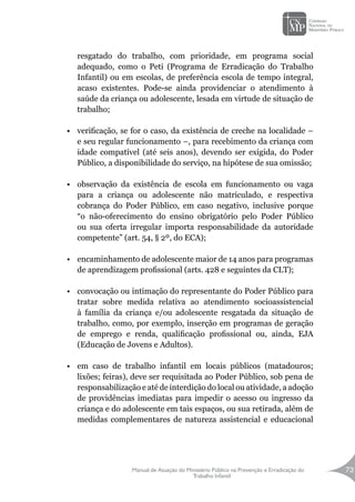 Manual de Atuação do Ministério Público na Prevenção e Erradicação do
Trabalho Infantil
73
resgatado do trabalho, com prioridade, em programa social
adequado, como o Peti (Programa de Erradicação do Trabalho
Infantil) ou em escolas, de preferência escola de tempo integral,
acaso existentes. Pode-se ainda providenciar o atendimento à
saúde da criança ou adolescente, lesada em virtude de situação de
trabalho;
•	 verificação, se for o caso, da existência de creche na localidade –
e seu regular funcionamento –, para recebimento da criança com
idade compatível (até seis anos), devendo ser exigida, do Poder
Público, a disponibilidade do serviço, na hipótese de sua omissão;
•	 observação da existência de escola em funcionamento ou vaga
para a criança ou adolescente não matriculado, e respectiva
cobrança do Poder Público, em caso negativo, inclusive porque
“o não-oferecimento do ensino obrigatório pelo Poder Público
ou sua oferta irregular importa responsabilidade da autoridade
competente” (art. 54, § 2º, do ECA);
•	 encaminhamento de adolescente maior de 14 anos para programas
de aprendizagem profissional (arts. 428 e seguintes da CLT);
•	 convocação ou intimação do representante do Poder Público para
tratar sobre medida relativa ao atendimento socioassistencial
à família da criança e/ou adolescente resgatada da situação de
trabalho, como, por exemplo, inserção em programas de geração
de emprego e renda, qualificação profissional ou, ainda, EJA
(Educação de Jovens e Adultos).
•	 em caso de trabalho infantil em locais públicos (matadouros;
lixões; feiras), deve ser requisitada ao Poder Público, sob pena de
responsabilização e até de interdição do local ou atividade, a adoção
de providências imediatas para impedir o acesso ou ingresso da
criança e do adolescente em tais espaços, ou sua retirada, além de
medidas complementares de natureza assistencial e educacional
 
