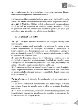 Manual de Atuação do Ministério Público na Prevenção e Erradicação do
Trabalho Infantil
89
Art. 210 Para as ações cíveis fundadas em interesses coletivos ou difusos,
consideram-se legitimados concorrentemente:
§ 1º Admitir-se-á litisconsórcio facultativo entre os Ministérios Públicos da
União e dos estados na defesa dos interesses e direitos de que cuida esta Lei.
Art. 223 O Ministério Público poderá instaurar, sob sua presidência,
inquérito civil, ou requisitar, de qualquer pessoa, organismo público
ou particular, certidões, informações, exames ou perícias, no prazo que
assinalar, o qual não poderá ser inferior a dez dias úteis.
d) Lei 9615/98 (Lei Pelé)
Art. 3º O desporto pode ser reconhecido em qualquer das seguintes
manifestações:
I - desporto educacional, praticado nos sistemas de ensino e em
formas assistemáticas de educação, evitando-se a seletividade, a
hipercompetitividade de seus praticantes, com a finalidade de alcançar o
desenvolvimento integral do indivíduo e a sua formação para o exercício
da cidadania e a prática do lazer;
II - desporto de participação, de modo voluntário, compreendendo as
modalidades desportivas praticadas com a finalidade de contribuir para
a integração dos praticantes na plenitude da vida social, na promoção da
saúde e educação e na preservação do meio ambiente;
III - desporto de rendimento, praticado segundo normas gerais desta Lei e
regras de prática desportiva, nacionais e internacionais, com a finalidade
de obter resultados e integrar pessoas e comunidades do país e estas com
as de outras nações.
Parágrafo único. O desporto de rendimento pode ser organizado e
praticado:
I - de modo profissional, caracterizado pela remuneração pactuada
em contrato formal de trabalho entre o atleta e a entidade de prática
desportiva;
II - de modo não profissional, identificado pela liberdade de prática e pela
inexistência de contrato de trabalho, sendo permitido o recebimento de
incentivos materiais e de patrocínio.
 