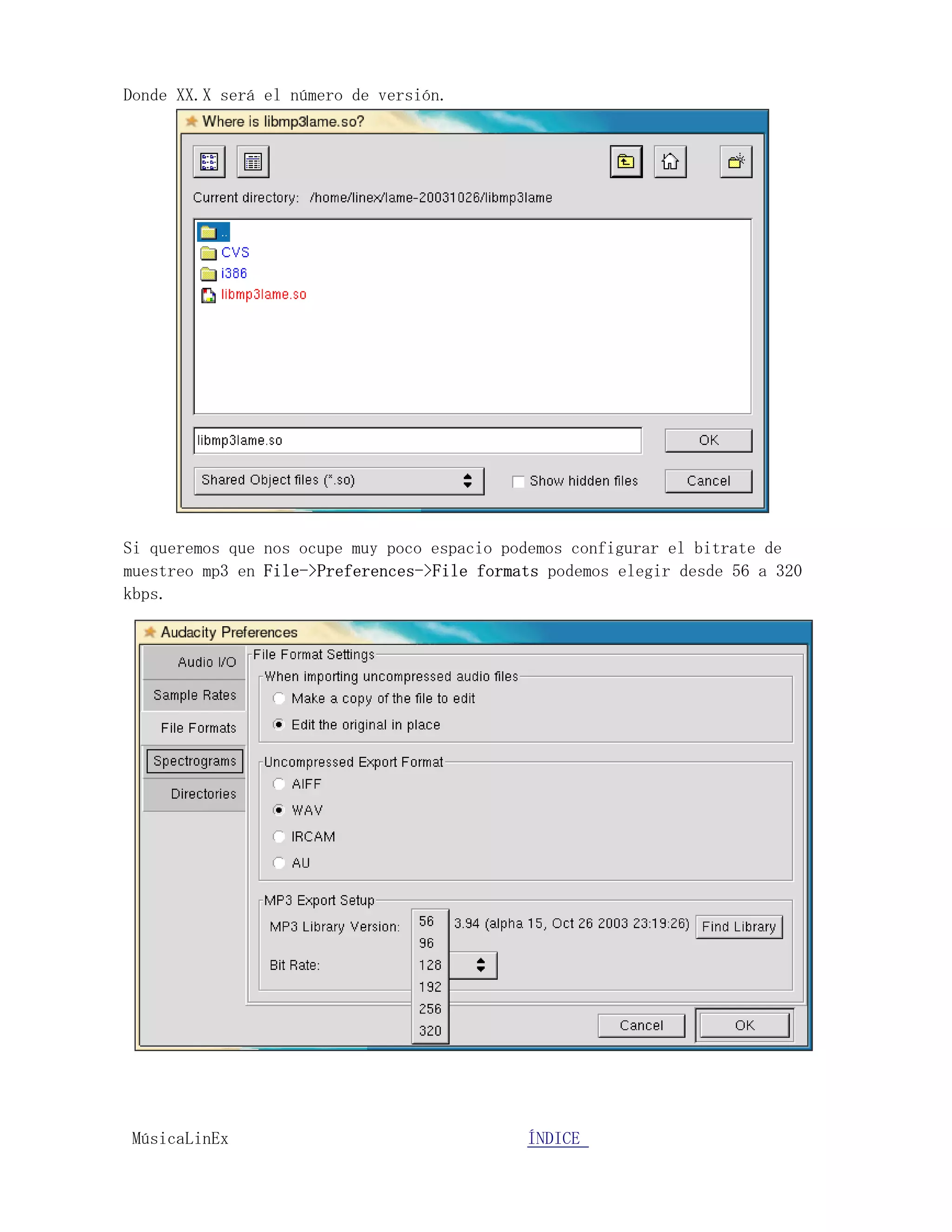 Donde XX.X será el número de versión.




Si queremos que nos ocupe muy poco espacio podemos configurar el bitrate de
muestreo mp3 en File->Preferences->File formats podemos elegir desde 56 a 320
kbps.




MúsicaLinEx.................................ÍÍNDICE .....................
 
