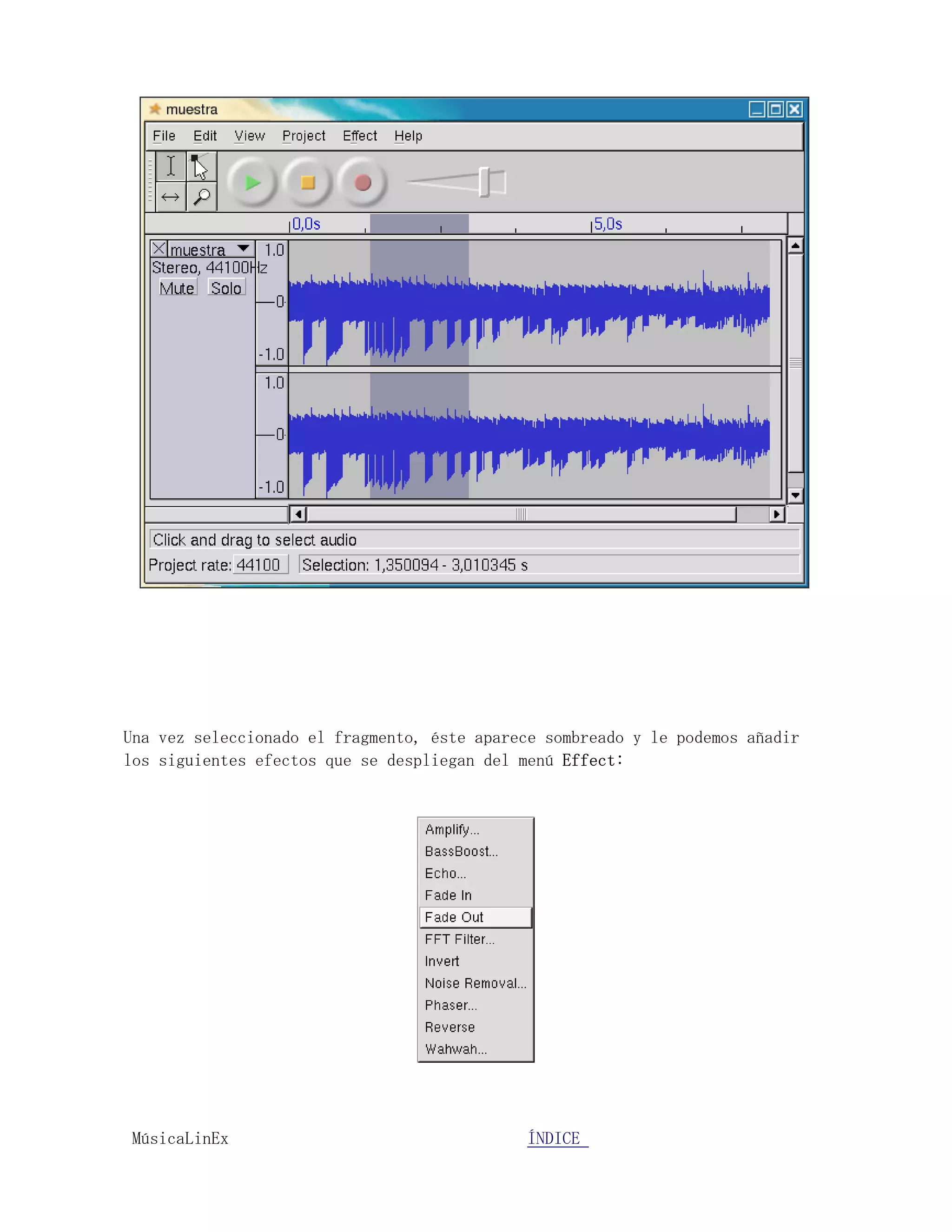 Una vez seleccionado el fragmento, éste aparece sombreado y le podemos añadir
los siguientes efectos que se despliegan del menú Effect:




MúsicaLinEx.................................ÍÍNDICE .....................
 