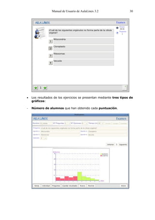 Manual de Usuario de AulaLinex 3.2                  30




    Los resultados de los ejercicios se presentan mediante tres tipos de
    gráficos:

-   Número de alumnos que han obtenido cada puntuación.
 