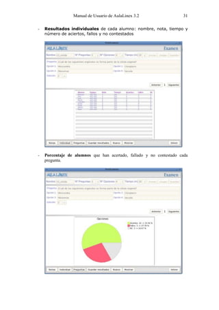 Manual de Usuario de AulaLinex 3.2                  31

-   Resultados individuales de cada alumno: nombre, nota, tiempo y
    número de aciertos, fallos y no contestados




-   Porcentaje de alumnos que han acertado, fallado y no contestado cada
    pregunta.
 