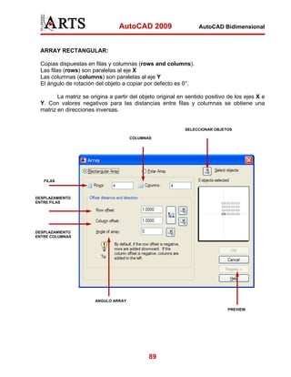 AutoCAD 2009                    AutoCAD Bidimensional



  ARRAY RECTANGULAR:

  Copias dispuestas en filas y columnas (rows and columns).
  Las filas (rows) son paralelas al eje X
  Las columnas (columns) son paralelas al eje Y
  El ángulo de rotación del objeto a copiar por defecto es 0°.

         La matriz se origina a partir del objeto original en sentido positivo de los ejes X e
  Y. Con valores negativos para las distancias entre filas y columnas se obtiene una
  matriz en direcciones inversas.


                                                             SELECCIONAR OBJETOS

                                       COLUMNAS




   FILAS



DESPLAZAMIENTO
ENTRE FILAS




DESPLAZAMIENTO
ENTRE COLUMNAS




                        ANGULO ARRAY

                                                                              PREVIEW




                                              89
 