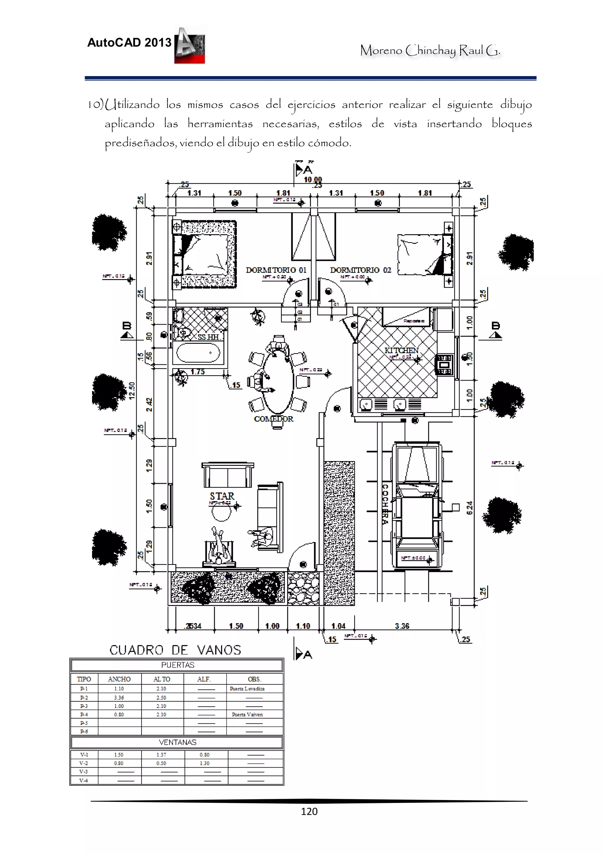 Moreno Chinchay Raul G.
AutoCAD 2013
120
10)Utilizando los mismos casos del ejercicios anterior realizar el siguiente dibujo
aplicando las herramientas necesarias, estilos de vista insertando bloques
prediseñados, viendo el dibujo en estilo cómodo.
 
