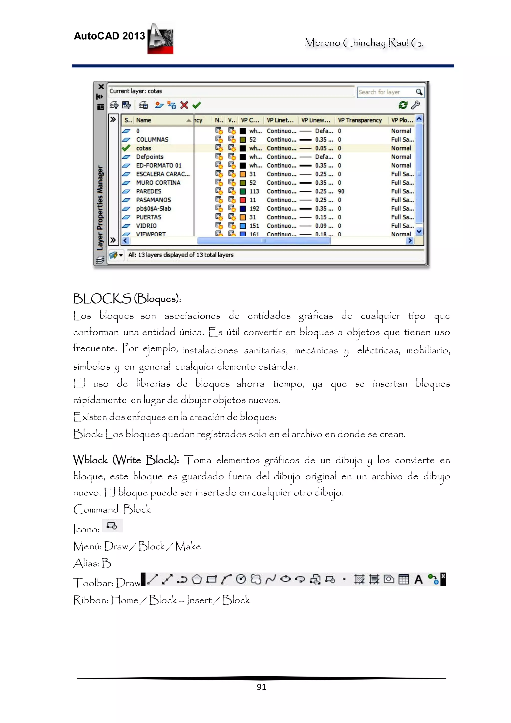 Moreno Chinchay Raul G.
AutoCAD 2013
91
BLOCKS (Bloques):
Los bloques son asociaciones de entidades gráficas de cualquier tipo que
conforman una entidad única. Es útil convertir en bloques a objetos que tienen uso
frecuente. Por ejemplo, instalaciones sanitarias, mecánicas y eléctricas, mobiliario,
símbolos y en general cualquier elemento estándar.
El uso de librerías de bloques ahorra tiempo, ya que se insertan bloques
rápidamente en lugar de dibujar objetos nuevos.
Existen dosenfoques enla creación de bloques:
Block: Los bloques quedan registrados solo en el archivo en donde se crean.
Wblock (Write Block): Toma elementos gráficos de un dibujo y los convierte en
bloque, este bloque es guardado fuera del dibujo original en un archivo de dibujo
nuevo. El bloque puede ser insertado en cualquier otro dibujo.
Command: Block
Icono:
Menú: Draw / Block / Make
Alias: B
Toolbar: Draw
Ribbon: Home / Block – Insert / Block
 