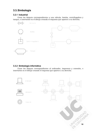 10
3.3.Simbología
3.3.1 Industrial
Crear los bloques correspondientes a una válvula, bomba, centrifugadora y
tanque, e insertarlos en el dibujo creando el esquema que aparece a su derecha.
3.3.2 Simbología informática
Crear los bloques correspondientes al ordenador, impresora y conexión, e
insertarlos en el dibujo creando el esquema que aparece a su derecha.
 