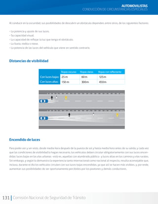 131 Comisión Nacional de Seguridad de Tránsito
AUTOMOVILISTAS
CONDUCCIÓN DE CIRCUNSTANCIAS ESPECIALES
Al conducir en la oscuridad, sus posibilidades de descubrir un obstáculo dependen, entre otros, de los siguientes factores:
• La potencia y ajuste de sus luces.
• Su capacidad visual.
• La capacidad de reflejar la luz que tenga el obstáculo.
• La lluvia, niebla o nieve.
• La potencia de las luces del vehículo que viene en sentido contrario.
Distancias de visibilidad
Encendido de luces
Para poder ver y ser visto, desde media hora después de la puesta de sol y hasta media hora antes de su salida, y cada vez
que las condiciones de visibilidad lo hagan necesario, los vehículos deben circular obligatoriamente con sus luces encen-
didas: luces bajas en las vías urbanas -esto es, aquellas con alumbrado público- y luces altas en los caminos y vías rurales.
Sin embargo, y según lo demuestra la experiencia tanto internacional como nacional al respecto, resulta aconsejable que,
incluso, durante el día los vehículos circulen con sus luces bajas encendidas, ya que así se hacen más visibles, y, por ende,
aumentan sus posibilidades de ser oportunamente percibidos por los peatones y demás conductores.
 