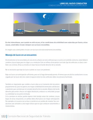 132 Comisión Nacional de Seguridad de Tránsito
LIBRO DEL NUEVO CONDUCTOR
CONDUCCIÓN DE CIRCUNSTANCIAS ESPECIALES
En vías interurbanas, aun cuando no esté oscuro, ni las condiciones de visibilidad sean reducidas por lluvia u otras
causas, usted debe circular siempre con sus luces encendidas.
En ningún caso usted podrá circular con las luces de estacionamiento encendidas.
Manejo de luces en un encuentro
Al encontrarse en la oscuridad y en una vía no urbana con otro vehículo que se acerca en sentido contrario, usted deberá
cambiar a luces bajas para no cegar a su conductor. Esto se refiere al encuentro con todo tipo de vehículos, es decir, tam-
bién con ciclistas. Dirija su mirada a lo lejos hacia el borde derecho de la calzada.
No es necesario que baje las luces cuando se cruce con peatones.
Baje sus luces con anticipación suficiente, pero no lo haga demasiado pronto. A menos que uno de los conductores se vea
cegado por las luces del otro, todo el espacio entre los dos vehículos debe encontrarse iluminado.
También es importante que cambie a luces altas en el momento del encuentro
propiamente tal, para recuperar una mayor visibilidad de eventuales obstáculos
o peatones que caminen por el costado derecho de la calzada. Aléjese del borde
derecho para evitar chocar con algún obstáculo y reduzca su velocidad, ya que
su visibilidad se encuentra limitada.
Si la carretera es ancha, puede esperar más tiempo antes de cambiar a luces
bajas. En otras situaciones, el cambio debe efectuarse con mayor anticipación.
Por ejemplo, al cruzarse con un bus o camión en un cambio de rasante. Sus con-
ductores van sentados a una mayor altura que los que conducen automóviles o
motocicletas.
 