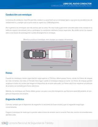 136 Comisión Nacional de Seguridad de Tránsito
LIBRO DEL NUEVO CONDUCTOR
CONDUCCIÓN DE CIRCUNSTANCIAS ESPECIALES
Conducción con remolque
La licencia de conductor clase B le permite conducir su automóvil con un remolque ligero, cuyo peso no exceda la tara de
unidad motriz, y siempre que el peso total no supere los 3.500 kilógramos.
Por lo general, los remolques son más anchos que los autos. Por esta razón y para tener una adecuada visión, instale en su
vehículo espejos retrovisores extra o prolongue los existentes mediante brazos especiales. No olvide retirar los espejos
extra o los brazos de prolongación cuando desenganche el remolque.
Frenos
Cuando los remolques tienen capacidad de carga superior a 750 kilos, deben poseer frenos, siendo los frenos de empuje
los más corrientes. Con ellos, el frenado tiene lugar cuando el remolque empuja al coche. Los frenos de empuje pueden
acoplarse a todos los coches que tengan un dispositivo de arrastre adecuado. Los frenos eléctricos requieren un vehículo
de arrastre con enchufe para frenos eléctricos.
Además, los remolques con frenos deben poseer uno para casos de emergencia, que funcione automáticamente al rom-
perse el dispositivo de arrastre.
Enganche esférico
Controle siempre que el dispositivo de enganche se encuentre en buen estado y que el enganche tenga lugar
correctamente.
Cargue el remolque de modo que la presión sobre la bola de arrastre sea la correcta. Para ello, vea las recomendaciones
del fabricante.
Mientras arrastre el remolque, mire siempre sus espejos retrovisores.
 
