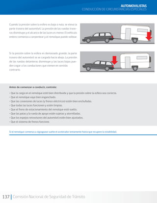 137 Comisión Nacional de Seguridad de Tránsito
AUTOMOVILISTAS
CONDUCCIÓN DE CIRCUNSTANCIAS ESPECIALES
Cuando la presión sobre la esfera es baja o nula, se eleva la
parte trasera del automóvil. La presión de las ruedas trase-
ras disminuye y el alcance de las luces es menor. El vehículo
entero comienza a serpentear y el remolque puede voltear.
Si la presión sobre la esfera es demasiado grande, la parte
trasera del automóvil se ve cargada hacia abajo. La presión
de las ruedas delanteras disminuye y las luces bajas pue-
den cegar a los conductores que vienen en sentido
contrario.
Antes de comenzar a conducir, controle:
• Que la carga en el remolque esté bien distribuida y que la presión sobre la esfera sea correcta.
• Que el remolque vaya bien enganchado.
• Que las conexiones de luces (y frenos eléctricos) estén bien enchufadas.
• Que todas las luces funcionen y estén limpias.
• Que el freno de estacionamiento del remolque esté suelto.
• Que las patas y la rueda de apoyo estén sujetas y atornilladas.
• Que los espejos retrovisores del automóvil estén bien ajustados.
• Que el sistema de frenos funcione.
Si el remolque comienza a zigzaguear suelte el acelerador lentamente hasta que recupere la estabilidad.
 