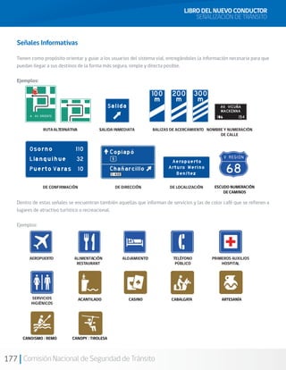 177 Comisión Nacional de Seguridad de Tránsito
LIBRO DEL NUEVO CONDUCTOR
SEÑALIZACIÓN DE TRÁNSITO
Señales Informativas
Tienen como propósito orientar y guiar a los usuarios del sistema vial, entregándoles la información necesaria para que
puedan llegar a sus destinos de la forma más segura, simple y directa posible.
Ejemplos:
Dentro de estas señales se encuentran también aquellas que informan de servicios y las de color café que se refieren a
lugares de atractivo turístico o recreacional.
Ejemplos:
RUTAALTERNATIV ALIDA INMEDIATA BALIZAS DE ACERCAMIENTO NOMBRE Y NUMERACIÓN
DE CALLE
DE CONFIRMACIÓN DE DIRECCIÓN DE LOCALIZACIÓN ESCUDO NUMERACIÓN
DE CAMBIOS
AEROPUERTO
SERVICIOS
HIGIÉNICOS
ALIMENTACIÓN
RESTAURANT
ALOJAMIENT ELÉFONO
PÚBLICO
PRIMEROS AUXILIOS
HOSPITAL
A S
O T
ESCUDO NUMERACIÓN
DE CAMINOS
 