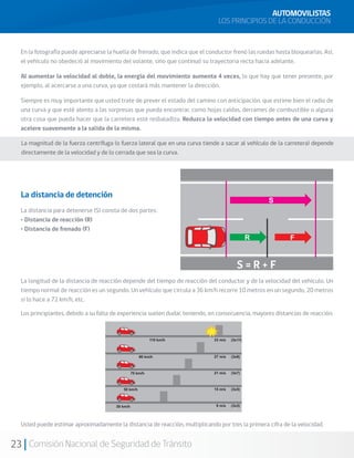 23 Comisión Nacional de Seguridad de Tránsito
En la fotografía puede apreciarse la huella de frenado, que indica que el conductor frenó las ruedas hasta bloquearlas. Así,
el vehículo no obedeció al movimiento del volante, sino que continuó su trayectoria recta hacia adelante.
Al aumentar la velocidad al doble, la energía del movimiento aumenta 4 veces, lo que hay que tener presente, por
ejemplo, al acercarse a una curva, ya que costará más mantener la dirección.
Siempre es muy importante que usted trate de prever el estado del camino con anticipación, que estime bien el radio de
una curva y que esté atento a las sorpresas que pueda encontrar, como hojas caídas, derrames de combustible o alguna
otra cosa que pueda hacer que la carretera esté resbaladiza. Reduzca la velocidad con tiempo antes de una curva y
acelere suavemente a la salida de la misma.
La distancia de detención
La distancia para detenerse (S) consta de dos partes:
• Distancia de reacción (R)
• Distancia de frenado (F)
La longitud de la distancia de reacción depende del tiempo de reacción del conductor y de la velocidad del vehículo. Un
tiempo normal de reacción es un segundo. Un vehículo que circula a 36 km/h recorre 10 metros en un segundo, 20 metros
si lo hace a 72 km/h, etc.
Los principiantes, debido a su falta de experiencia suelen dudar, teniendo, en consecuencia, mayores distancias de reacción.
Usted puede estimar aproximadamente la distancia de reacción, multiplicando por tres la primera cifra de la velocidad.
La magnitud de la fuerza centrífuga (o fuerza lateral que en una curva tiende a sacar al vehículo de la carretera) depende
directamente de la velocidad y de lo cerrada que sea la curva.
AUTOMOVILISTAS
LOS PRINCIPIOS DE LA CONDUCCIÓN
S = R + F
 
