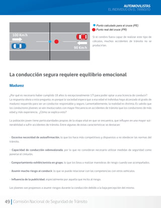 49 Comisión Nacional de Seguridad de Tránsito
Si el cerebro fuera capaz de realizar este tipo de
cálculos, muchos accidentes de tránsito no se
producirían.
La conducción segura requiere equilibrio emocional
Madurez
¿Por qué es necesario haber cumplido 18 años (o excepcionalmente 17) para poder optar a una licencia de conducir?
La respuesta obvia a esta pregunta, es porque la sociedad espera que a esa edad el individuo haya alcanzado el grado de
madurez requerido para ser un conductor responsable y seguro. Lamentablemente, la realidad es distinta. Es sabido que
los conductores jóvenes se ven involucrados con mayor frecuencia en accidentes de tránsito que los conductores de más
edad y más experiencia. ¿Cómo se explica esto?
La población joven tiene particularidades propias de la etapa vital en que se encuentra, que influyen en una mayor vul-
nerabilidad a sufrir accidentes de tránsito. Entre algunas de estas características se destacan:
- Excesiva necesidad de autoafirmación, lo que los hace más competitivos y dispuestos a no obedecer las normas del
tránsito.
- Capacidad de conducción sobrevalorada, por lo que no consideran necesario utilizar medidas de seguridad como
ponerse el cinturón.
- Comportamiento exhibicionista en grupo, lo que los lleva a realizar maniobras de riesgo cuando van acompañados.
- Asumir mucho riesgo al conducir, lo que se puede relacionar con las competencias con otros vehículos.
- Influencia de la publicidad, especialmente por aquella que incita al riesgo.
Los jóvenes son propensos a asumir riesgos durante la conducción debido a la baja percepción del mismo.
AUTOMOVILISTAS
EL INDIVIDUO EN EL TRÁNSITO
100 Km/h
90 Km/h
 