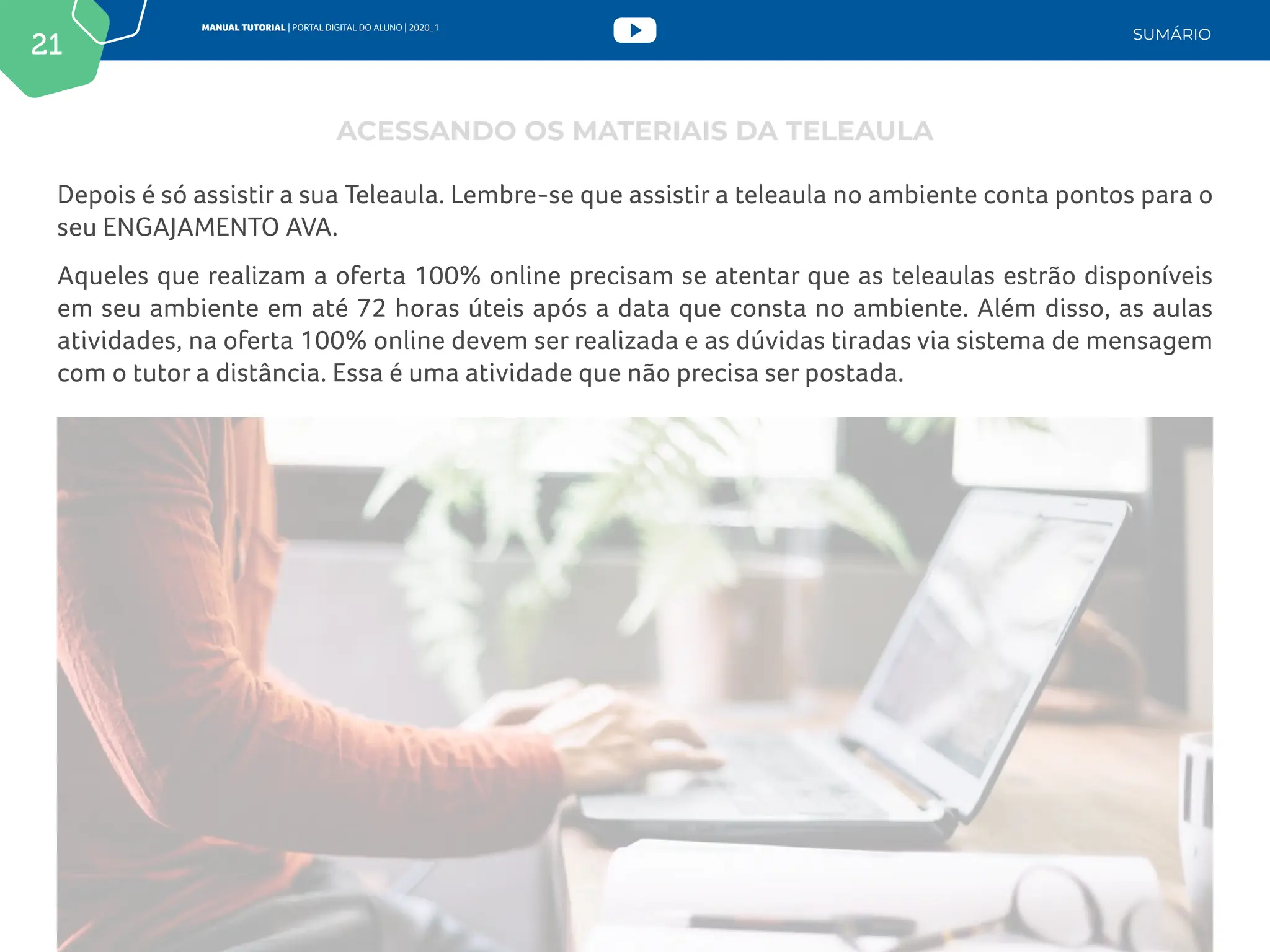 21
MANUAL TUTORIAL | PORTAL DIGITAL DO ALUNO | 2020_1
SUMÁRIO
Depois é só assistir a sua Teleaula. Lembre-se que assistir a teleaula no ambiente conta pontos para o
seu ENGAJAMENTO AVA.
Aqueles que realizam a oferta 100% online precisam se atentar que as teleaulas estrão disponíveis
em seu ambiente em até 72 horas úteis após a data que consta no ambiente. Além disso, as aulas
atividades, na oferta 100% online devem ser realizada e as dúvidas tiradas via sistema de mensagem
com o tutor a distância. Essa é uma atividade que não precisa ser postada.
ACESSANDO OS MATERIAIS DA TELEAULA
 