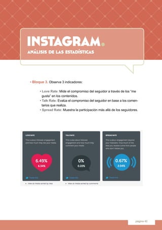 instagram.
página 43
análisis de las estadísticas
	 • Bloque 3. Observa 3 indicadores:
		 • Love Rate: Mide el compromiso ...