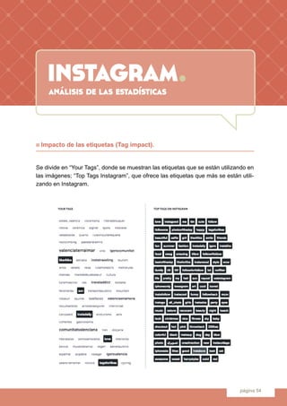 instagram.
página 54
n Impacto de las etiquetas (Tag impact).
Se divide en “Your Tags”, donde se muestran las etiquetas qu...