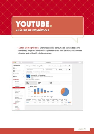 youtube.
página 78
análisis de estadísticas
	 • Datos Demográficos. Diferenciación de consumo de contenidos entre 	
	 homb...