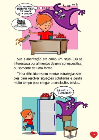 Sua alimentação era como um ritual. Ou se
interessava por alimentos de uma cor específica,
ou somente de uma forma.
  Tinha dificuldades em montar estratégias sim-
ples para resolver situações cotidianas e perdia
muito tempo para chegar a conclusões óbvias.




                                                   13
 