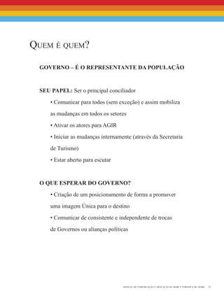11manual de comunicação e aplicação da marca turística de avaré
Quem é quem?
governo – é o representante da população
seu papel: Ser o principal conciliador
• Comunicar para todos (sem exceção) e assim mobiliza
as mudanças em todos os setores
• Ativar os atores para AGIR
• Iniciar as mudanças internamente (através da Secretaria
de Turismo)
• Estar aberto para escutar
O que esperar do governo?
• Criação de um posicionamento de forma a promover
uma imagem Única para o destino
• Comunicar de consistente e independente de trocas
de Governos ou alianças políticas
 