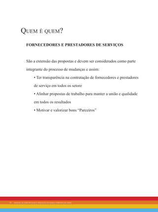 14 manual de comunicação e aplicação da marca turística de avaré
Quem é quem?
Fornecedores e Prestadores de Serviços
São a extensão das propostas e devem ser considerados como parte
integrante do processo de mudanças e assim:
• Ter transparência na contratação de fornecedores e prestadores
de serviço em todos os setore
• Alinhar propostas de trabalho para manter a união e qualidade
em todos os resultados
• Motivar e valorizar bons “Parceiros”
 