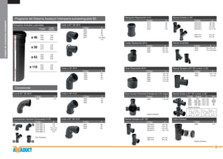81
Listadodeconexionesintemperie
2590	110
Código	ø
Curva 87° 30’ M-H
2540	40
2541	50
2542	63
Código	ø
Codo a 45° H-H
2748 (REF 1)	 110
2743 (REF 2)	 110
2723 (REF 3)	 110 x 110
2724 (REF 3)	 110 x 63
2716 (REF 4)	 110
Pat. Pendiente
Código	ø
Conexiones Hembra Compuesta H-HC
1 2
3 4
	2501	 40
	2502	 50
	2503	 63
	2504	 110
Código	ø
Codo a 45° M-H
2505	40
2506	50
2507	63
2508	110
2517 	 con base 	
		 110
Código	ø
Codo a 87° 30’ M-H
2545	40
2546	50
2547	63
Código	ø
Codo a 87°30’ H-H
	 1504	1,00
	 1507	3,00
	 1508 	 4,00
	 1513 	 1,00
	 1516 	 3,00
	 1517 	 4,00
	 1522	1,00
	 1525	3,00
	 1526	4,00
	 1531	1,00
	 1534	3,00
	 1535	4,00
		Largo		
		 metrosCódigo
Desagües cloacales y pluviales
ø 40
ø 50
ø 63
ø 110
2580	 63 x 40
2581	 63 x 50
2582	 110 x 40
2583	 110 x 50
2584	 110 x 63
Código	ø
Buje Reducción M-H
2560	 110 x 63
Diseño Industrial
Código	ø
Boca Acceso Horizontal Entradas de Ø 63 ciegas
2550	 110 x 110
2563	 110 x 63
Código	ø
Ramal Simple a 87°30’ c/vent. Ø 50
2519 M-H	 63 x 63
2597 M-H	 110 x 50
2518 M-H	 110 x 63
2522 M-H	 110 x 110
2520 H-H	 40 x 40
2521 H-H	 50 x 50
Código	ø
Ramal Simple a 87°30’
2556 M-H	 63 x 50
2526 M-H	 63 x 63
2524 M-H	 110 x 63
2523 M-H	 110 x 110
2557 H-H	 40 x 40
2558 H-H	 50 x 50
	Código	 ø
Ramal Simple a 45º
2513	40
2514	50
2515	63
2516	110
Código	ø
Manguito Reparación H-H
Programa del Sistema Awaduct intemperie autoextinguible B2
Conexiones
2528	 50 x 40
2529	 63 x 50
2532	 110 x 63
Código	ø
Cupla Reducción M-H
2525	 50 x 50 a 45°
3514	 110 x 50 Paral.
Código	ø
Ramal Invertido
2551	1800
	 110 x 110	 50
3550	 Esq. Izq.	 110 x 110	 50/63
3551	 Esq. Der.	 110 x 110	 50/63
3552	1350 Izq.	 110 x 110	 50
3553	1350 Der.	110 x 110	 50
Diseño industrial
Código	 Ángulo	 ø 	 Vent.
Ramal Doble a 87° 30’ c/vent. Ø 50
1350
der. 1350
Izq.Esq.der. Esq.izq.
2565	110
Diseño Industrial
Código	ø
Caño Cámara
 
