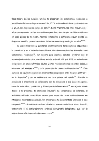 111
2000-200523
. En los Estados Unidos, la proporción de aislamientos resistentes a
penicilina de focos meníngeos aumentó del 10,7% antes del cambio de puntos de corte
al 27,5% con los nuevos puntos de corte24
. En la Argentina, los niños mayores de 4
años con neumonía reciben amoxicilina o penicilina; esta terapia también es utilizada
en otros países de la región. Además, cefotaxima o ceftriaxona siguen siendo las
drogas de elección para el tratamiento de las bacteriemias y meningitis en niños45,120
.
El uso de macrólidos y quinolonas en el tratamiento de la neumonía adquirida de
la comunidad y en el tratamiento empírico de infecciones respiratorias altas seleccionó
aislamientos resistentes121
. En nuestro país distintos estudios revelaron que el
porcentaje de resistencia a macrólidos variaba entre el 16% y el 3,5% en aislamientos
recuperados en el año 2000 (de adultos y niños respectivamente) en ambos casos, a
expensas del fenotipo M12,28
y a la presencia de clones multirresistentes13,28
. Este
aumento se siguió observando en aislamientos recuperados entre los años 2000-2011
en la Argentina45
y se ha evidenciado en otros países del mundo131
. Además la
resistencia a eritromicina se correlaciona con la resistencia a otra clase de agentes
como la tetraciclina, quinolonas y trimetoprima-sulfametoxazol131
, en algunos casos
debido a la presencia de elementos móviles26
. La vancomicina es entonces, el
antibiótico utilizado como último recurso para casos de cepas multirresistentes en
infecciones neumocócicas graves. Sin embargo se ha documentado tolerancia a este
compuesto92,118
. Actualmente se han introducido nuevos antibióticos como linezolid,
telitromicina o la estreptogramina sintética quinupristina-dalfopristina que por el
momento son efectivos contra los neumococos66
.
 