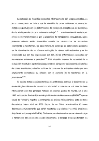 112
La selección de mutantes resistentes intratratamiento con terapia antibiótica, es
poco común y esto se debe a que la selección de cepas resistentes no ocurre por
mutaciones puntuales en los determinantes de resistencia, excepto para las quinolonas
donde aún la prevalencia de la resistencia es baja61,74
. La resistencia está mediada por
procesos de transformación y por la presencia de transposones conjugativos. Estos
procesos además están favorecidos cuando los neumococos se encuentran
colonizando la nasofaringe. De esta manera, la estrategia de esta bacteria parecería
ser la diseminación de un número restringido de clones multirresistentes y se ha
evidenciado que son los responsables del 85% de las enfermedades causadas por
neumococos resistentes a penicilina119
. Esta situación refuerza la necesidad de la
realización de estudios epidemiológicos periódicos para poder establecer la prevalencia
de clones resistentes y diseñar políticas de consumo de antibióticos dado que está
ampliamente demostrada su relación con el aumento de la resistencia en S.
pneumoniae4,131
.
El estudio de las cepas resistentes a los antibióticos, estimuló el desarrollo de la
epidemiología molecular del neumococo e incentivó la creación de una base de datos
internacional sobre los genotipos hallados en distintas partes del mundo. En el año
1997 se formó La Red de Epidemiología Molecular de Neumococos (PMEN)84
que se
ocupa de verificar y registrar la emergencia de clones internacionales. Esta red tiene
depositados hasta abril de 2006 (fecha de su última actualización) 43 clones
diseminados mundialmente que tienen resistencia a penicilina y a otros antibióticos
(http://www.sph.emory.edu/PMEN). El sistema para la denominación de clones incluye
el nombre del país en donde se aisló inicialmente, el serotipo al que pertenecen los
 