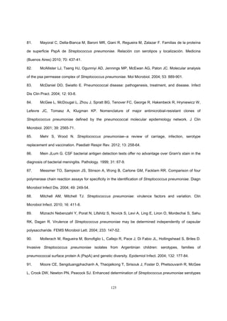 125
81. Mayoral C, Della-Bianca M, Baroni MR, Giani R, Regueira M, Zalazar F. Familias de la proteína
de superficie PspA de Streptococcus pneumoniae. Relación con serotipos y localización. Medicina
(Buenos Aires) 2010; 70: 437-41.
82. McAllister LJ, Tseng HJ, Ogunniyi AD, Jennings MP, McEwan AG, Paton JC. Molecular analysis
of the psa permease complex of Streptococcus pneumoniae. Mol Microbiol. 2004; 53: 889-901.
83. McDaniel DO, Swiatlo E. Pneumococcal disease: pathogenesis, treatment, and disease. Infect
Dis Clin Pract. 2004; 12: 93-8.
84. McGee L, McDougal L, Zhou J, Spratt BG, Tenover FC, George R, Hakenbeck R, Hryniewicz W,
Lefevre JC, Tomasz A, Klugman KP. Nomenclature of major antimicrobial-resistant clones of
Streptococcus pneumoniae defined by the pneumococcal molecular epidemiology network. J Clin
Microbiol. 2001; 39: 2565-71.
85. Mehr S, Wood N. Streptococcus pneumoniae--a review of carriage, infection, serotype
replacement and vaccination. Paediatr Respir Rev. 2012; 13: 258-64.
86. Mein JLum G. CSF bacterial antigen detection tests offer no advantage over Gram's stain in the
diagnosis of bacterial meningitis. Pathology. 1999; 31: 67-9.
87. Messmer TO, Sampson JS, Stinson A, Wong B, Carlone GM, Facklam RR. Comparison of four
polymerase chain reaction assays for specificity in the identification of Streptococcus pneumoniae. Diagn
Microbiol Infect Dis. 2004; 49: 249-54.
88. Mitchell AM, Mitchell TJ. Streptococcus pneumoniae: virulence factors and variation. Clin
Microbiol Infect. 2010; 16: 411-8.
89. Mizrachi Nebenzahl Y, Porat N, Lifshitz S, Novick S, Levi A, Ling E, Liron O, Mordechai S, Sahu
RK, Dagan R. Virulence of Streptococcus pneumoniae may be determined independently of capsular
polysaccharide. FEMS Microbiol Lett. 2004; 233: 147-52.
90. Mollerach M, Regueira M, Bonofiglio L, Callejo R, Pace J, Di Fabio JL, Hollingshead S, Briles D.
Invasive Streptococcus pneumoniae isolates from Argentinian children: serotypes, families of
pneumococcal surface protein A (PspA) and genetic diversity. Epidemiol Infect. 2004; 132: 177-84.
91. Moore CE, Sengduangphachanh A, Thaojaikong T, Sirisouk J, Foster D, Phetsouvanh R, McGee
L, Crook DW, Newton PN, Peacock SJ. Enhanced determination of Streptococcus pneumoniae serotypes
 
