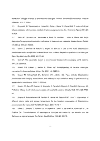 129
distribution, serotype coverage of pneumococcal conjugate vaccines and antibiotic resistance. J Pediatr
Infect Dis. 2010; 5: 263–9.
121. Rzeszutek M, Wierzbowski A, Hoban DJ, Conly J, Bishai W, Zhanel GG. A review of clinical
failures associated with macrolide-resistant Streptococcus pneumoniae. Int J Antimicrob Agents 2004; 24:
95-104.
122. Saha SK, Darmstadt GL, Yamanaka N, Billal DS, Nasreen T, Islam M, Hamer DH. Rapid
diagnosis of pneumococcal meningitis: implications for treatment and measuring disease burden. Pediatr
Infect Dis J. 2005; 24: 1093-8.
123. Samra Z, Shmuely H, Nahum E, Paghis D, Ben-Ari J. Use of the NOW Streptococcus
pneumoniae urinary antigen test in cerebrospinal fluid for rapid diagnosis of pneumococcal meningitis.
Diagn Microbiol Infect Dis. 2003; 45: 237-40.
124. Scott JA. The preventable burden of pneumococcal disease in the developing world. Vaccine.
2007; 25: 2398-405.
125. Scheld WM, Koedel U, Nathan B, Pfister HW. Pathophysiology of bacterial meningitis:
mechanism(s) of neuronal injury. J Infect Dis. 2002; 186: S225-33.
126. Shaper M, Hollingshead SK, Benjamin WH, Jr.Briles DE. PspA protects Streptococcus
pneumoniae from killing by apolactoferrin, and antibody to PspA enhances killing of pneumococci by
apolactoferrin. Infect Immun. 2004; 72: 5031-40.
127. Shapiro ED, Berg AT, Austrian R, Schroeder D, Parcells V, Margolis A, Adair RK, Clemmens JD.
Protective efficacy of polyvalent pneumococcal polysaccharide vaccine. N Engl J Med. 1991; 325: 1453-
60.
128. Siberry G, Brahmadathan KN, Pandian R, Lalitha MK, Steinhoff MC, John TJ. Comparison of
different culture media and storage temperatures for the long-term preservation of Streptococcus
pneumoniae in the tropics. Bull World Health Organ. 2001; 79: 43-7.
129. Sinha A, Constenla D, Valencia JE, O'Loughlin R, Gomez E, de la Hoz F, Valenzuela MT, de
Quadros CA. Cost-effectiveness of pneumococcal conjugate vaccination in Latin America and the
Caribbean: a regional analysis. Rev Panam Salud Pública. 2008; 24: 304-13.
 