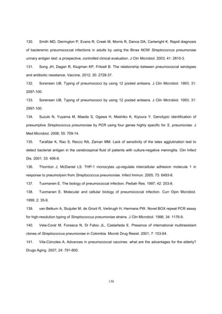 130
130. Smith MD, Derrington P, Evans R, Creek M, Morris R, Dance DA, Cartwright K. Rapid diagnosis
of bacteremic pneumococcal infections in adults by using the Binax NOW Streptococcus pneumoniae
urinary antigen test: a prospective, controlled clinical evaluation. J Clin Microbiol. 2003; 41: 2810-3.
131. Song JH, Dagan R, Klugman KP, Fritzell B. The relationship between pneumococcal serotypes
and antibiotic resistance. Vaccine. 2012; 30: 2728-37.
132. Sorensen UB. Typing of pneumococci by using 12 pooled antisera. J Clin Microbiol. 1993; 31:
2097-100.
133. Sorensen UB. Typing of pneumococci by using 12 pooled antisera. J Clin Microbiol. 1993; 31:
2997-100.
134. Suzuki N, Yuyama M, Maeda S, Ogawa H, Mashiko K, Kiyoura Y. Genotypic identification of
presumptive Streptococcus pneumoniae by PCR using four genes highly specific for S. pneumoniae. J
Med Microbiol. 2006; 55: 709-14.
135. Tarafdar K, Rao S, Recco RA, Zaman MM. Lack of sensitivity of the latex agglutination test to
detect bacterial antigen in the cerebrospinal fluid of patients with culture-negative meningitis. Clin Infect
Dis. 2001; 33: 406-8.
136. Thornton J, McDaniel LS. THP-1 monocytes up-regulate intercellular adhesion molecule 1 in
response to pneumolysin from Streptococcus pneumoniae. Infect Immun. 2005; 73: 6493-8.
137. Tuomanen E. The biology of pneumococcal infection. Pediatr Res. 1997; 42: 253-8.
138. Tuomanen E. Molecular and cellular biology of pneumococcal infection. Curr Opin Microbiol.
1999; 2: 35-9.
139. van Belkum A, Sluijuter M, de Groot R, Verbrugh H, Hermans PW. Novel BOX repeat PCR assay
for high-resolution typing of Streptococcus pneumoniae strains. J Clin Microbiol. 1996; 34: 1176-9.
140. Vela-Coral M, Fonseca N, Di Fabio JL, Castañeda E. Presence of international multiresistant
clones of Streptococcus pneumoniae in Colombia. Microb Drug Resist. 2001; 7: 153-64.
141. Vila-Córcoles A. Advances in pneumococcal vaccines: what are the advantages for the elderly?
Drugs Aging. 2007; 24: 791-800.
 