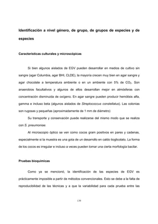 139
Identificación a nivel género, de grupo, de grupos de especies y de
especies
Características culturales y microscópicas
Si bien algunos aislados de EGV pueden desarrollar en medios de cultivo sin
sangre (agar Columbia, agar BHI, CLDE), la mayoría crecen muy bien en agar sangre y
agar chocolate a temperatura ambiente o en un ambiente con 5% de CO2. Son
anaerobios facultativos y algunos de ellos desarrollan mejor en atmósferas con
concentración disminuida de oxígeno. En agar sangre pueden producir hemólisis alfa,
gamma e incluso beta (algunos aislados de Streptococcus constellatus). Las colonias
son rugosas y pequeñas (aproximadamente de 1 mm de diámetro)
Su transporte y conservación puede realizarse del mismo modo que se realiza
con S. pneumoniae.
Al microscopio óptico se ven como cocos gram positivos en pares y cadenas,
especialmente si la muestra es una gota de un desarrollo en caldo tioglicolato. La forma
de los cocos es irregular e incluso a veces pueden tomar una cierta morfología bacilar.
Pruebas bioquímicas
Como ya se mencionó, la identificación de las especies de EGV es
prácticamente imposible a partir de métodos convencionales. Esto se debe a la falta de
reproducibilidad de las técnicas y a que la variabilidad para cada prueba entre las
 