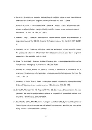 162
16. Carley N. Streptococcus salivarius bacteriemia and meningitis following upper gastrointestinal
endoscopy and cauterization for gastric bleeding. Clin Infect Dis. 1992; 14: 947-8.
17. Carratalá J, Alcaide F, Fernández-Sevilla A, Corbella X, Liñares J, Gudiol F. Bacteremia due to
viridans streptococci that are highly resistant to penicillin: increase among neutropenic patients
with cancer. Clin Infect Dis. 1995; 20: 1169-73.
18. Chen CC, Teng LJ, Chang TC. Identification of clinically relevant viridans group streptococci by
sequence analysis of the 16S-23S ribosomal DNA spacer region. J Clin Microbiol. 2004;42:2651-
7.
19. Chen H-J, Tsai J-C, Chang T-C, Hung W-C, Tseng S-P, Hsueh P-R, Teng L-J. PCR-RFLP assay
for species and subspecies differentiation of the Streptococcus bovis group based on groESL
sequences. J Med Microbiol. 2008;57:432–8.
20. Chew TA, Smith JMB. Detection of diacetyl (caramel odor) in presumptive identification of the
“Streptococcus milleri”group. J Clin Microbiol. 1992; 30: 3028-9
21. Clarridge JE, Attorri S, Musher DM, Hebert J, Dunbar S. S. intermedius, S. constellatus, and S.
anginosus (“Streptococcus milleri group”) are not equally associated with abscess. Clin Infect Dis.
2001; 32: 1511-5.
22. Corredoira J, Alonso M del P, Varela J. Association between Streptococcus infantarius (formerly
S. bovis II/1) bacteremia and noncolonic cancer. J Clin Microbiol. 2008; 46: 1570.
23. Cortés PR, Albarracín Orio AG, Regueira M, Piñas GE, Echenique J. Characterization of in vitro-
generated and clinical optochin-resistant strains of Streptococcus pneumoniae isolated from
Argentina. J Clin Microbiol. 2008; 46:1930-4.
24. Counihan KL, Gill VA, Miller MA, Burek-Huntington KA, LeFebvre RB, Byrne BA. Pathogenesis of
Streptococcus infantarius subspecies coli isolated from sea otters with infective endocarditis.
Comp Immunol Microbiol Infect Dis. 2015;40:7-17
 