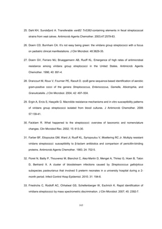 163
25. Dahl KH, Sundsfjord A. Transferable vanB2 Tn5382-containing elements in fecal streptococcal
strains from veal calves. Antimicrob Agents Chemother. 2003;47:2579-83.
26. Doern CD, Burnham CA. It’s not easy being green: the viridans group streptococci with a focus
on pediatric clinical manifestations. J Clin Microbiol. 48:3829-35.
27. Doern GV, Ferraro MJ, Brueggemann AB, Ruoff KL. Emergence of high rates of antimicrobial
resistance among viridans group streptococci in the United States. Antimicrob Agents
Chemother. 1996; 40: 891-4.
28. Drancourt M, Roux V, Fournier PE, Raoult D. rpoB gene sequence-based identification of aerobic
gram-positive cocci of the genera Streptococcus, Enterococcus, Gemella, Abiotrophia, and
Granulicatella. J Clin Microbiol. 2004; 42: 497–504.
29. Ergin A, Ercis S, Hasçelik G. Macrolide resistance mechanisms and in vitro susceptibility patterns
of viridans group streptococci isolated from blood cultures. J Antimicrob Chemother. 2006
57:139-41.
30. Facklam R. What happened to the streptococci: overview of taxonomic and nomenclature
changes. Clin Microbiol Rev. 2002; 15: 613-30.
31. Farber BF, Eliopoulos GM, Ward JI, Ruoff KL, Syriopoulou V, Moellering RC Jr. Multiply resistant
viridans streptococci: susceptibility to β-lactam antibiotics and comparison of penicillin-binding
proteins. Antimicrob Agents Chemother. 1983; 24: 702-5.
32. Floret N, Bailly P, Thouverez M, Blanchot C, Alez-Martin D, Menget A, Thiriez G, Hoen B, Talon
D, Bertrand X. A cluster of bloodstream infections caused by Streptococcus gallolyticus
subspecies pasteurianus that involved 5 preterm neonates in a university hospital during a 2-
month period. Infect Control Hosp Epidemiol. 2010; 31: 194-6.
33. Friedrichs C, Rodloff AC, Chhatwal GS, Schellenberger W, Eschrich K. Rapid identification of
viridians streptococci by mass spectrometric discrimination. J Clin Microbiol. 2007; 45: 2392-7.
 