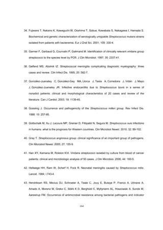 164
34. Fujiwara T, Nakano K, Kawaguchi M, Ooshima T, Sobue, Kawabata S, Nakagawa I, Hamada S.
Biochemical and genetic characterization of serologically untypable Streptococcus mutans strains
isolated from patients with bacteremia. Eur J Oral Sci. 2001; 109: 330-4.
35. Garnier F, Gerbaud G, Courvalin P, Galimand M. Identification of clinically relevant viridans group
streptococci to the species level by PCR. J Clin Microbiol. 1997; 35: 2337-41.
36. Gelfand MS, Abolnik IZ. Streptococcal meningitis complicating diagnostic myelography: three
cases and review. Clin Infect Dis. 1995; 20: 582-7.
37. González-Juanatey C, González-Gay MA, Llorca J, Testa A, Corredoira J, Vidán J, Mayo
J, González-Juanatey JR. Infective endocarditis due to Streptococcus bovis in a series of
nonadict patients: clinical and morphological characteristics of 20 cases and review of the
literature. Can J Cardiol. 2003; 19: 1139-45.
38. Gossling J. Occurrence and pathogenicity of the Streptococcus milleri group. Rev Infect Dis.
1988; 10: 257-85.
39. Gottschalk M, Xu J, Lecours MP, Grenier D, Fittipaldi N, Segura M. Streptococcus suis infections
in humans: what is the prognosis for Western countries. Clin Microbiol Newsl. 2010; 32: 89-102.
40. Gray T. Streptococcus anginosus group: clinical significance of an important group of pathogens.
Clin Microbiol Newsl. 2005; 27: 155-9.
41. Han XY, Kamana M, Rolston KVI. Viridans streptococci isolated by culture from blood of cancer
patients: clinical and microbiologic analysis of 50 cases. J Clin Microbiol. 2006; 44: 160-5.
42. Hellwege HH, Ram W, Scherf H, Fock R. Neonatal meningitis caused by Streptococcus mitis.
Lancet. 1984; i:743-4.
43. Hendriksen RS, Mevius DJ, Schroeter A, Teale C, Jouy E, Butaye P, Franco A, Utinane A,
Amado A, Moreno M, Greko C, Stärk K D, Berghold C, Myllyniemi AL, Hoszowski A, Sunde M,
Aarestrup FM. Occurrence of antimicrobial resistance among bacterial pathogens and indicator
 