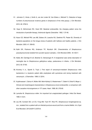 166
51. Johnston C, Hinds J, Smith A, van der Linden M, Van Eldere J, Mitchell TJ. Detection of large
numbers of pneumococcal virulence genes in streptococci of the mitis gropup. J Clin Microbiol.
2010; 48: 2762-9.
52. Kaye D, McCormack RC, Hook EW. Bacterial endocarditis: the changing pattern since the
introduction of penicillin therapy. Antimicrob Agents Chemother. 1962; 1:37-46.
53. Kazor CE, Mitchell PM, Lee AM, Stokes LN, Loesche WJ, Dewhirst FE, Paster BJ. Diversity of
bacterial populations on the tongue dorsa of patients with halitosis and healthy patients. J Clin
Microbiol. 2003; 41: 558-63.
54. Keith ER, Podmore RG, Anderson TP, Murdoch DR. Characteristics of Streptococcus
pseudopneumoniae isolated from purulent sputum samples. J Clin Microbiol 2006; 44: 923-7.
55. Klatte JM, Clarridge III JE, Bratcher D, Selvarangan R. A longitudinal case series description of
meningitis due to Streptococcus gallolyticus subsp. pasteurianus in infants. J Clin Microbiol.
2012; 50: 57-60.
56. Krcmery V Jr., Spanik S, Trupl J. First report of vancomycin-resistant Streptococcus mitis
bacteremia in a leukemic patient after prophylaxis with quinolones and during treatment with
vancomycin. J Chemother. 1996; 8: 325-6.
57. Kupferwasser I, Darius H, Müller AM, Mohr-Kahaly S, Westermeier T, Oelert H, Erbel R, Meyer J.
Clinical and morphological characteristics in Streptococcus bovis endocarditis: a comparison with
other causative microorganisms in 177 cases. Heart. 1998; 80: 276-80.
58. Lamothe M. Streptococcus milleri. An important but unappreciated pathogen. Infect Dis Newsl.
1990; 9: 52-5.
59. Lau SK, Curreem SO, Lin CC, Fung AM, Yuen KY, Woo PC. Streptococcus hongkongensis sp.
nov., isolated from a patient with an infected puncture wound and from a marine flatfish. Int J Syst
Evol Microbiol. 2013;63(Pt 7):2570-6.
 