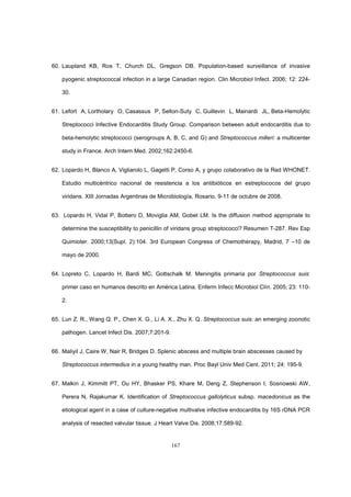 167
60. Laupland KB, Ros T, Church DL, Gregson DB. Population-based surveillance of invasive
pyogenic streptococcal infection in a large Canadian region. Clin Microbiol Infect. 2006; 12: 224-
30.
61. Lefort A, Lortholary O, Casassus P, Selton-Suty C, Guillevin L, Mainardi JL, Beta-Hemolytic
Streptococci Infective Endocarditis Study Group. Comparison between adult endocarditis due to
beta-hemolytic streptococci (serogroups A, B, C, and G) and Streptococcus milleri: a multicenter
study in France. Arch Intern Med. 2002;162:2450-6.
62. Lopardo H, Blanco A, Vigliarolo L, Gagetti P, Corso A, y grupo colaborativo de la Red WHONET.
Estudio multicéntrico nacional de resistencia a los antibióticos en estreptococos del grupo
viridans. XIII Jornadas Argentinas de Microbiología, Rosario, 9-11 de octubre de 2008.
63. Lopardo H, Vidal P, Bottero D, Moviglia AM, Gobet LM. Is the diffusion method appropriate to
determine the susceptibility to penicillin of viridans group streptococci? Resumen T-287. Rev Esp
Quimioter. 2000;13(Supl. 2):104. 3rd European Congress of Chemotherapy, Madrid, 7 –10 de
mayo de 2000.
64. Lopreto C, Lopardo H, Bardi MC, Gottschalk M. Meningitis primaria por Streptococcus suis:
primer caso en humanos descrito en América Latina. Enferm Infecc Microbiol Clín. 2005; 23: 110-
2.
65. Lun Z. R., Wang Q. P., Chen X. G., Li A. X., Zhu X. Q. Streptococcus suis: an emerging zoonotic
pathogen. Lancet Infect Dis. 2007;7:201-9.
66. Maliyil J, Caire W, Nair R, Bridges D. Splenic abscess and multiple brain abscesses caused by
Streptococcus intermedius in a young healthy man. Proc Bayl Univ Med Cent. 2011; 24: 195-9.
67. Malkin J, Kimmitt PT, Ou HY, Bhasker PS, Khare M, Deng Z, Stephenson I, Sosnowski AW,
Perera N, Rajakumar K. Identification of Streptococcus gallolyticus subsp. macedonicus as the
etiological agent in a case of culture-negative multivalve infective endocarditis by 16S rDNA PCR
analysis of resected valvular tissue. J Heart Valve Dis. 2008;17:589-92.
 