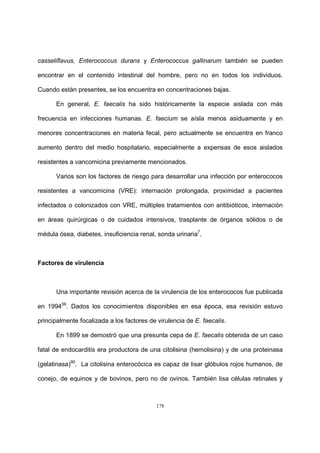 178
casseliflavus, Enterococcus durans y Enterococcus gallinarum también se pueden
encontrar en el contenido intestinal del hombre, pero no en todos los individuos.
Cuando están presentes, se los encuentra en concentraciones bajas.
En general, E. faecalis ha sido históricamente la especie aislada con más
frecuencia en infecciones humanas. E. faecium se aísla menos asiduamente y en
menores concentraciones en materia fecal, pero actualmente se encuentra en franco
aumento dentro del medio hospitalario, especialmente a expensas de esos aislados
resistentes a vancomicina previamente mencionados.
Varios son los factores de riesgo para desarrollar una infección por enterococos
resistentes a vancomicina (VRE): internación prolongada, proximidad a pacientes
infectados o colonizados con VRE, múltiples tratamientos con antibióticos, internación
en áreas quirúrgicas o de cuidados intensivos, trasplante de órganos sólidos o de
médula ósea, diabetes, insuficiencia renal, sonda urinaria7
.
Factores de virulencia
Una importante revisión acerca de la virulencia de los enterococos fue publicada
en 199456
. Dados los conocimientos disponibles en esa época, esa revisión estuvo
principalmente focalizada a los factores de virulencia de E. faecalis.
En 1899 se demostró que una presunta cepa de E. faecalis obtenida de un caso
fatal de endocarditis era productora de una citolisina (hemolisina) y de una proteinasa
(gelatinasa)90
. La citolisina enterocócica es capaz de lisar glóbulos rojos humanos, de
conejo, de equinos y de bovinos, pero no de ovinos. También lisa células retinales y
 