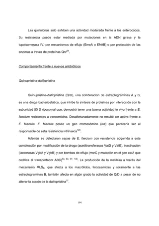 194
Las quinolonas solo exhiben una actividad moderada frente a los enterococos.
Su resistencia puede estar mediada por mutaciones en la ADN girasa y la
topoisomerasa IV, por mecanismos de eflujo (EmeA o EfrAB) o por protección de las
enzimas a través de proteínas Qnr64
.
Comportamiento frente a nuevos antibióticos
Quinupristina-dalfopristina
Quinupristina-dalfopristina (Q/D), una combinación de estreptograminas A y B,
es una droga bacteriostática, que inhibe la síntesis de proteínas por interacción con la
subunidad 50 S ribosomal que, demostró tener una buena actividad in vivo frente a E.
faecium resistentes a vancomicina. Desafortunadamente no resultó ser activa frente a
E. faecalis. E. faecalis posee un gen cromosómico (lsa) que parecería ser el
responsable de esta resistencia intrínseca120
.
Además se detectaron cepas de E. faecium con resistencia adquirida a esta
combinación por modificación de la droga (acetiltransferasas VatD y VatE), inactivación
(lactonasas VgbA y VgbB) y por bombas de eflujo (msrC y mutación en el gen eatA que
codifica el transportador ABC)53, 63, 97, 135
. La producción de la metilasa a través del
mecanismo MLSB, que afecta a los macrólidos, lincosamidas y solamente a las
estreptograminas B, también afecta en algún grado la actividad de Q/D a pesar de no
alterar la acción de la dalfopristina37
.
 