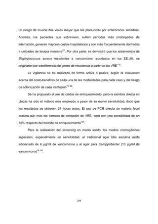 204
un riesgo de muerte dos veces mayor que las producidas por enterococos sensibles.
Además, los pacientes que sobreviven, sufren períodos más prolongados de
internación, generan mayores costos hospitalarios y son más frecuentemente derivados
a unidades de terapia intensiva22
. Por otra parte, se demostró que los aislamientos de
Staphylococcus aureus resistentes a vancomicina reportados en los EE.UU. se
originaron por transferencia de genes de resistencia a partir de los VRE118
.
La vigilancia se ha realizado de forma activa o pasiva, según la evaluación
acerca del costo-beneficio de cada una de las modalidades para cada caso y del riesgo
de colonización de cada institución73, 98
.
Se ha propuesto el uso de caldos de enriquecimiento, pero la siembra directa en
placas ha sido el método más empleado a pesar de su menor sensibilidad, dado que
los resultados se obtienen 24 horas antes. El uso de PCR directa de materia fecal
acelera aún más los tiempos de detección de VRE, pero con una sensibilidad de un
85% respecto del método de enriquecimiento124
.
Para la realización del screening en medio sólido, los medios cromogénicos
superaron, especialmente en sensibilidad, al tradicional agar bilis esculina azida
adicionado de 6 µg/ml de vancomicina y al agar para Campylobacter (10 µg/ml de
vancomicina)14, 55
.
 