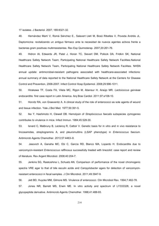 214
17 isolates. J Bacteriol. 2007; 189:8321-32.
48. Hernández Martí V, Romá Sánchez E., Salavert Lletí M, Bosó Ribelles V, Poveda Andrés JL.
Daptomicina: revitalizando un antiguo fármaco ante la necesidad de nuevos agentes activos frente a
bacterias gram positivas multirresistentes. Rev Esp Quimioterap. 2007;20:261-76.
49. Hidron AI, Edwards JR, Patel J, Horan TC, Sievert DM, Pollock DA, Fridkin SK; National
Healthcare Safety Network Team; Participating National Healthcare Safety Network Facilities.National
Healthcare Safety Network Team, Participating National Healthcare Safety Network Facilities. NHSN
annual update: antimicrobial-resistant pathogens associated with healthcare-associated infections:
annual summary of data reported to the National Healthcare Safety Network at the Centers for Disease
Control and Prevention, 2006-2007. Infect Control Hosp Epidemiol. 2008;29:996-1011.
50. Hirakawa TF, Costa FA, Vilela MC, Rigon M, Abensur H, Araújo MR. Lactococcus garvieae
endocarditis: first case report in Latin America. Arq Bras Cardiol. 2011;97:e108-10.
51. Horvitz RA, von Graevenitz A. A clinical study of the role of enterococci as sole agents of wound
and tissue infection. Yale J Biol Med. 1977;50:391-5.
52. Ike Y, Hashimoto H, Clewell DB. Hemolysin of Streptococcus faecalis subspecies zymogenes
contributes to virulence in mice. Infect Immun. 1984;45:528-30.
53. Isnard C, Malbruny B, Leclercq R, Cattoir V. Genetic basis for in vitro and in vivo resistance to
lincosamides, streptogramins A, and pleuromutilins (LSAP phenotype) in Enterococcus faecium.
Antimicrob Agents Chemother. 2013;57:4463–9.
54. Jasovich A, Ganaha MC, Ebi C, García RD, Blanco MA, Lopardo H. Endocarditis due to
vancomycin-resistant Enterococcus raffinosus successfully treated with linezolid: case report and review
of literature. Rev Argent Microbiol. 2008;40:204-7.
55. Jenkins SG, Raskoshina L, Schuetz AN. Comparison of performance of the novel chromogenic
spectra VRE agar to that of bile esculin azide and Campylobacter agars for detection of vancomycin-
resistant enterococci in fecal samples. J Clin Microbiol. 2011;49:3947-9.
56. Jett BD, Huycke MM, Gilmore MS. Virulence of enterococci. Clin Microbiol Rev. 1994;7:462-78.
57. Jones NR, Barrett MS, Erwin ME. In vitro activity and spectrum of LY333328, a novel
glycopeptide derivative. Antimicrob Agents Chemother. 1996;41:488-93.
 